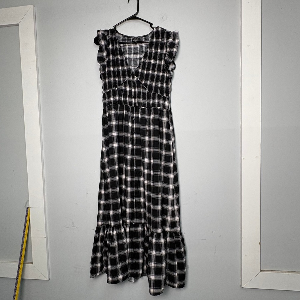 Oak & Trellis Black White Plaid Smocked Tiered Maxi Dress XL Babydoll Neckline